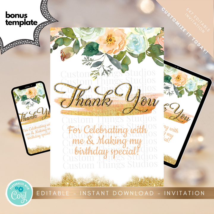 EDITABLE Quinceanera Invitation, Corjl Template, Watercolor Blush Peach Teal Floral Theme, Mis Quince Anos, 15th Birthday, Instant Download DIGITAL